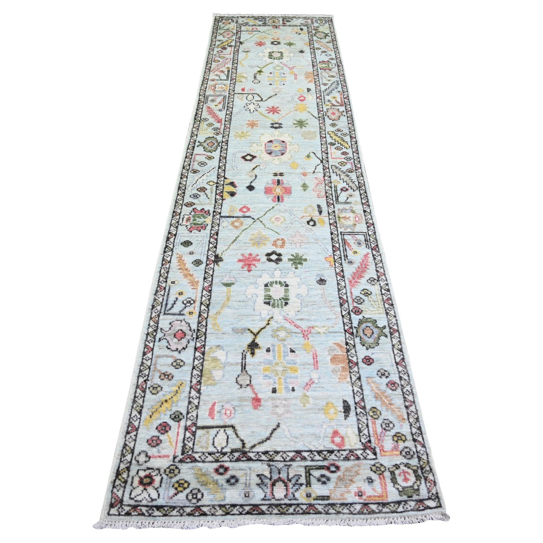 2'10 "x11'6" Himmelblau Afghan Angora Oushak Wolle Hand geknüpft Läufer Orientteppich