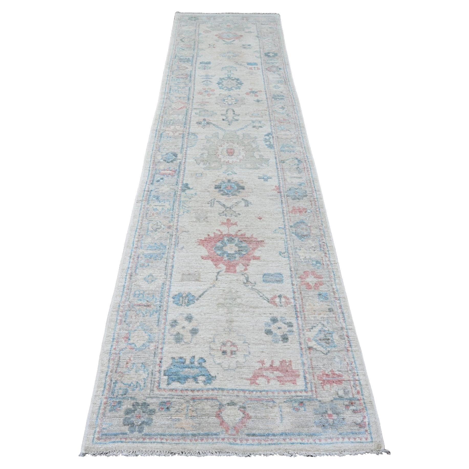 2'10"x11'7" Chiffon White Hand Knotted Afghan Angora Oushak Pure Wool Runner Rug