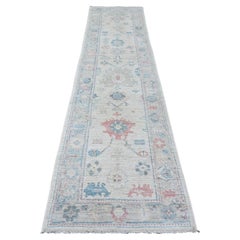 2'10"x11'7" Chiffon White Hand Knotted Afghan Angora Oushak Pure Wool Runner Rug