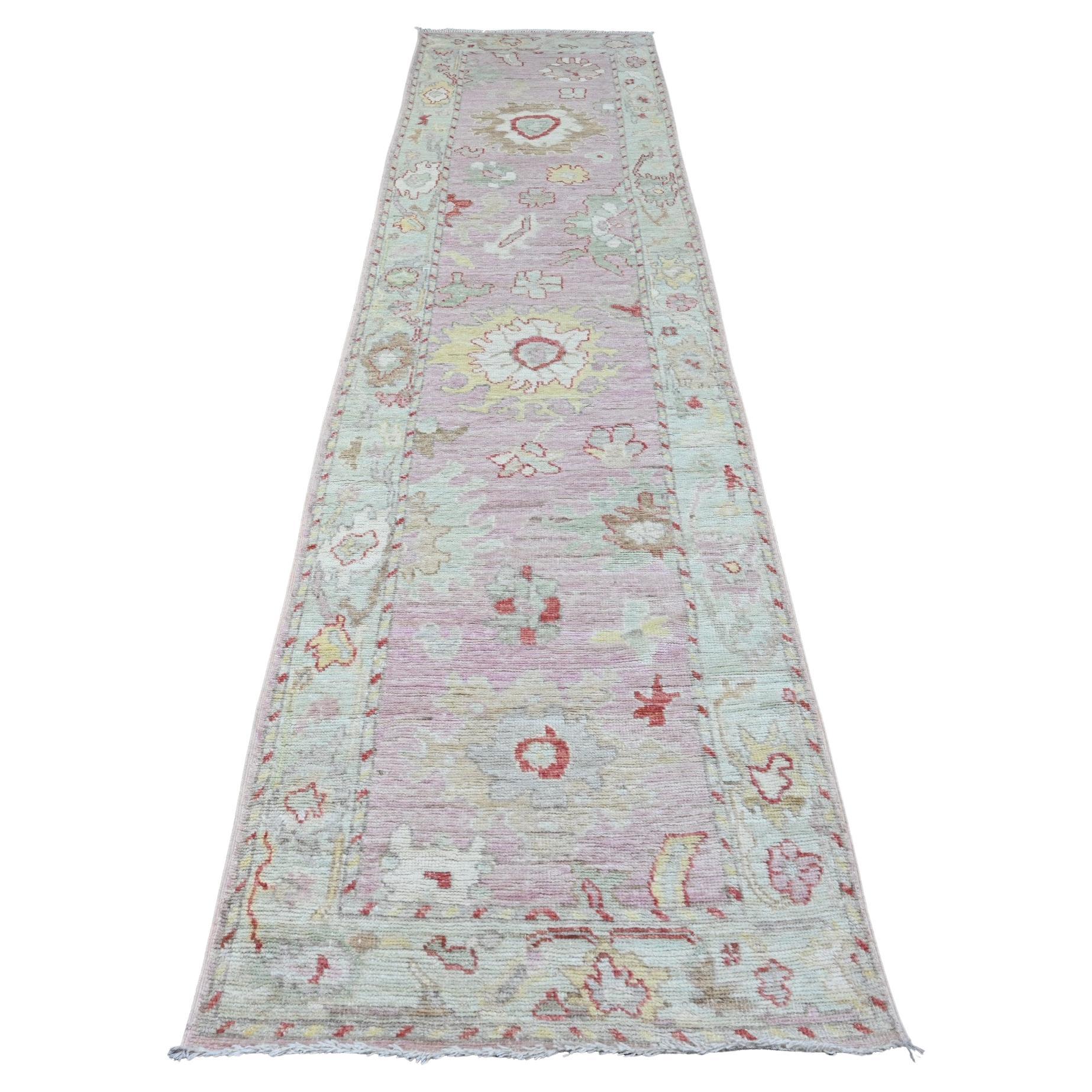 2'10"x11'7" Pink Afghan Angora Oushak Leaf Design Hand Knotted Wool Runner Rug