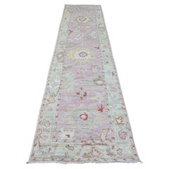 2'10"x11'7" Rosa Afghanischer Angora-Läufer aus Wolle mit Oushak-Blattdesign, handgeknüpft