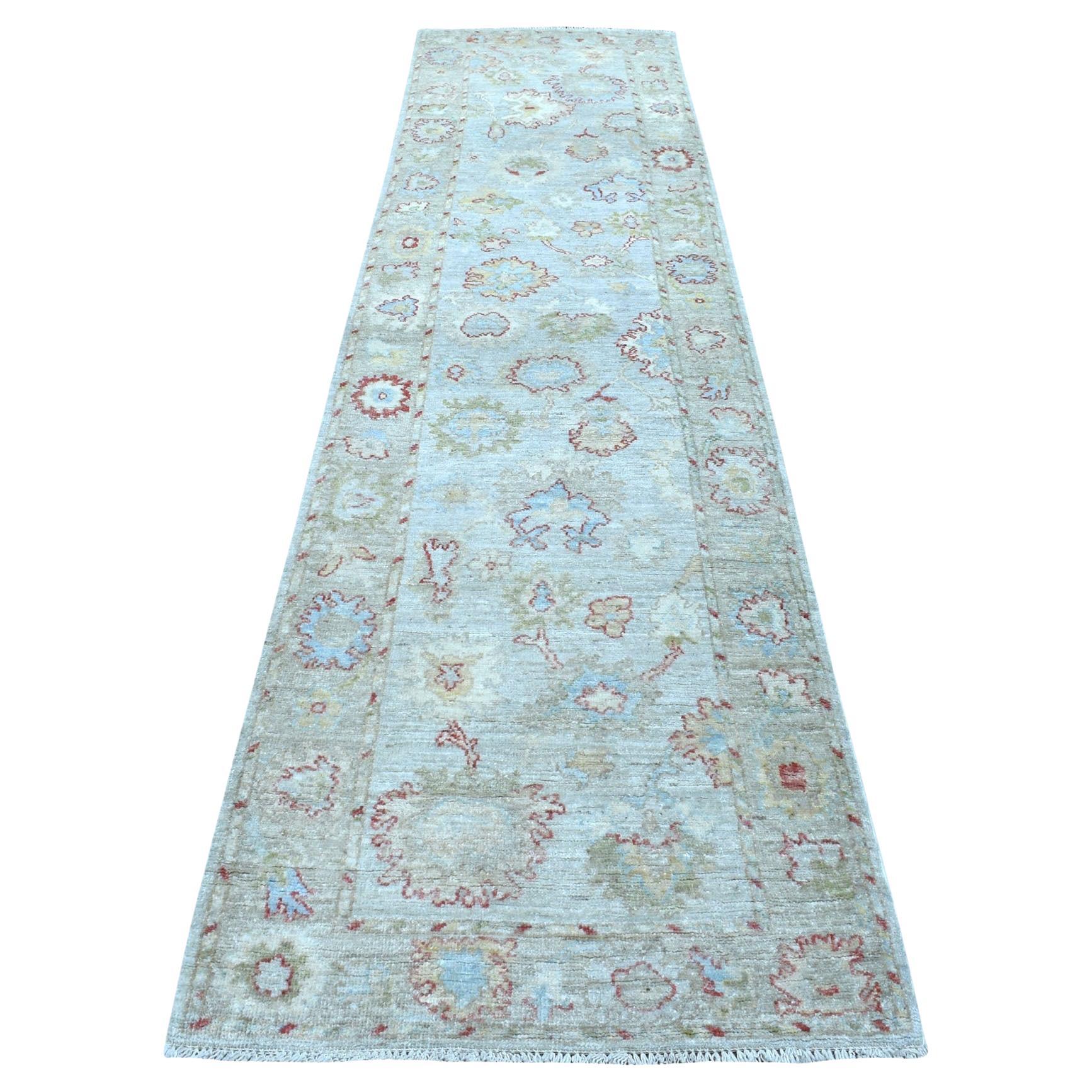 2'10"x11'8" Hand Knotted Gray Angora Oushak With Floral Motifs Wool Runner Rug