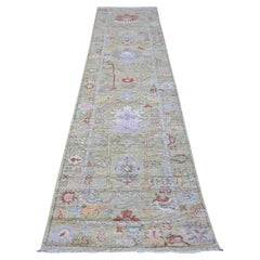 2'10"x11'8" Olivgrüner orientalischer Weft Angora Oushak-Läufer aus afghanischer Wolle