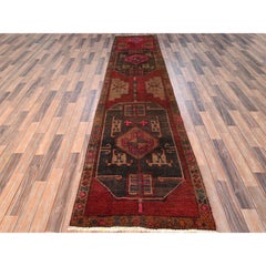2'10 "x11'8" Rouge Vintage Persan Hamadan Laine nouée à la main Tapis de course Even Wear