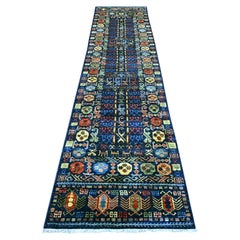 2'10"x11'9" Blue Afghan Ersari with Hutchlu Design Hand Knotted Wool Runner Rug
