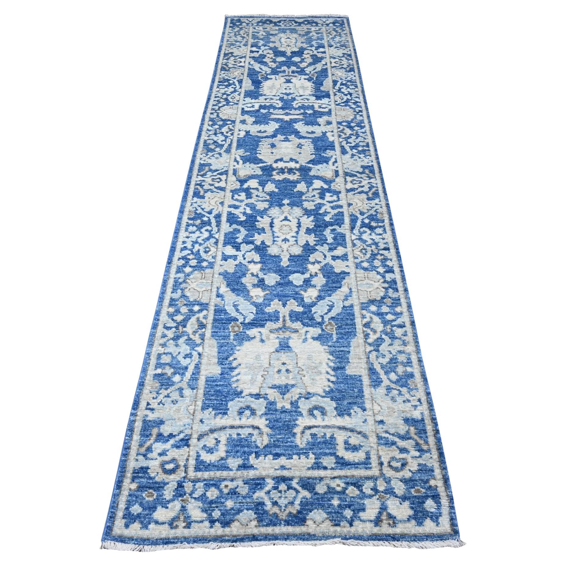 2'10"x11'9" Imperial Blue Hand Knotted Afghan Angora Oushak Runner Oriental Rug