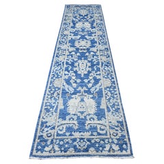 2'10"x11'9" Imperial Blue Hand Knotted Afghan Angora Oushak Runner Oriental Rug