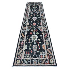 2'10"x12' Eerie Black Colorful Tribal Design Angora Oushak Runner Oriental Rug