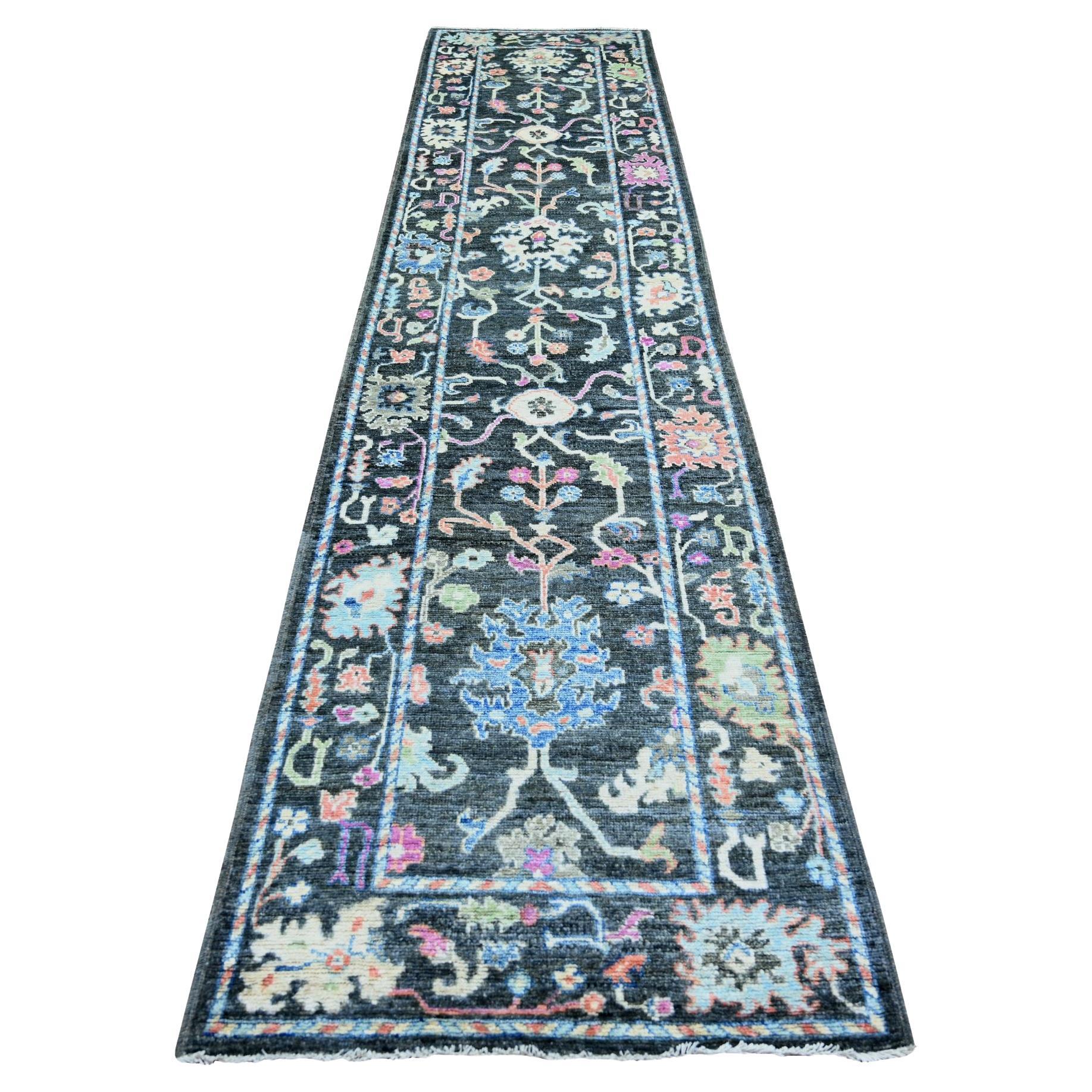 2'10"x12'6" Black Afghan Angora Oushak Wool Hand Knotted Runner Oriental Rug