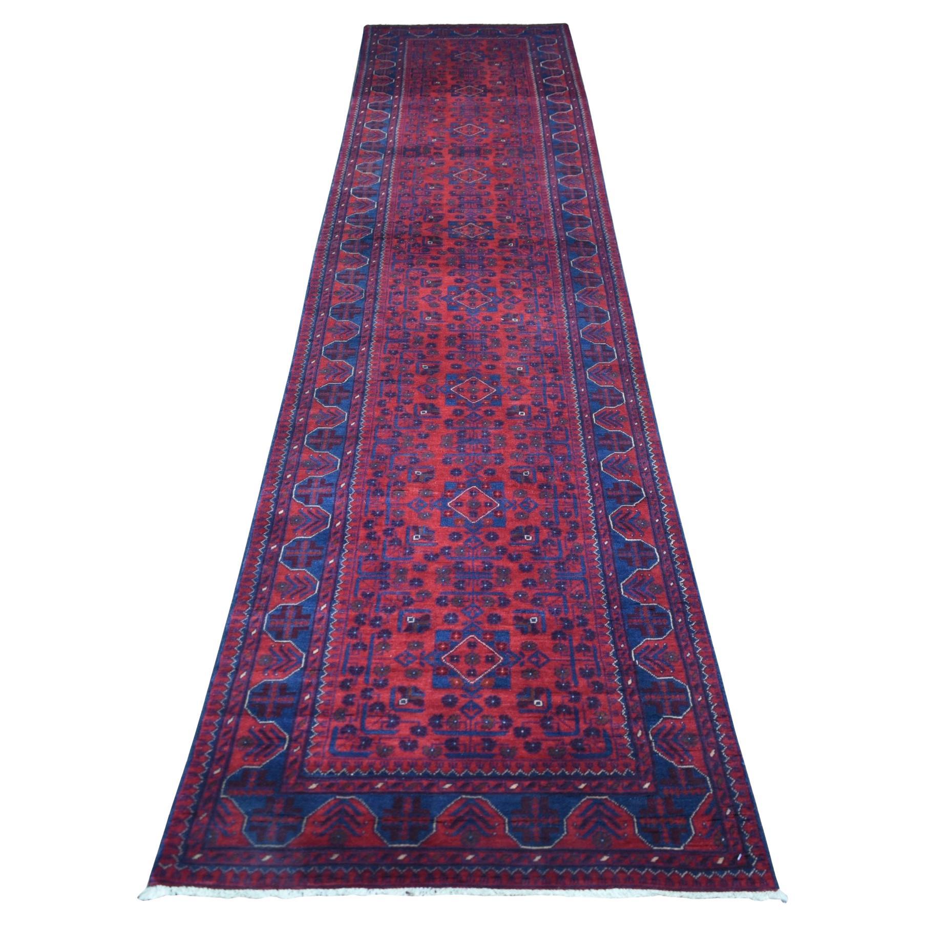 2'10"x12'8" Khamyab afghan rouge, pure laine  Tapis d'Orient noué à la main Runner