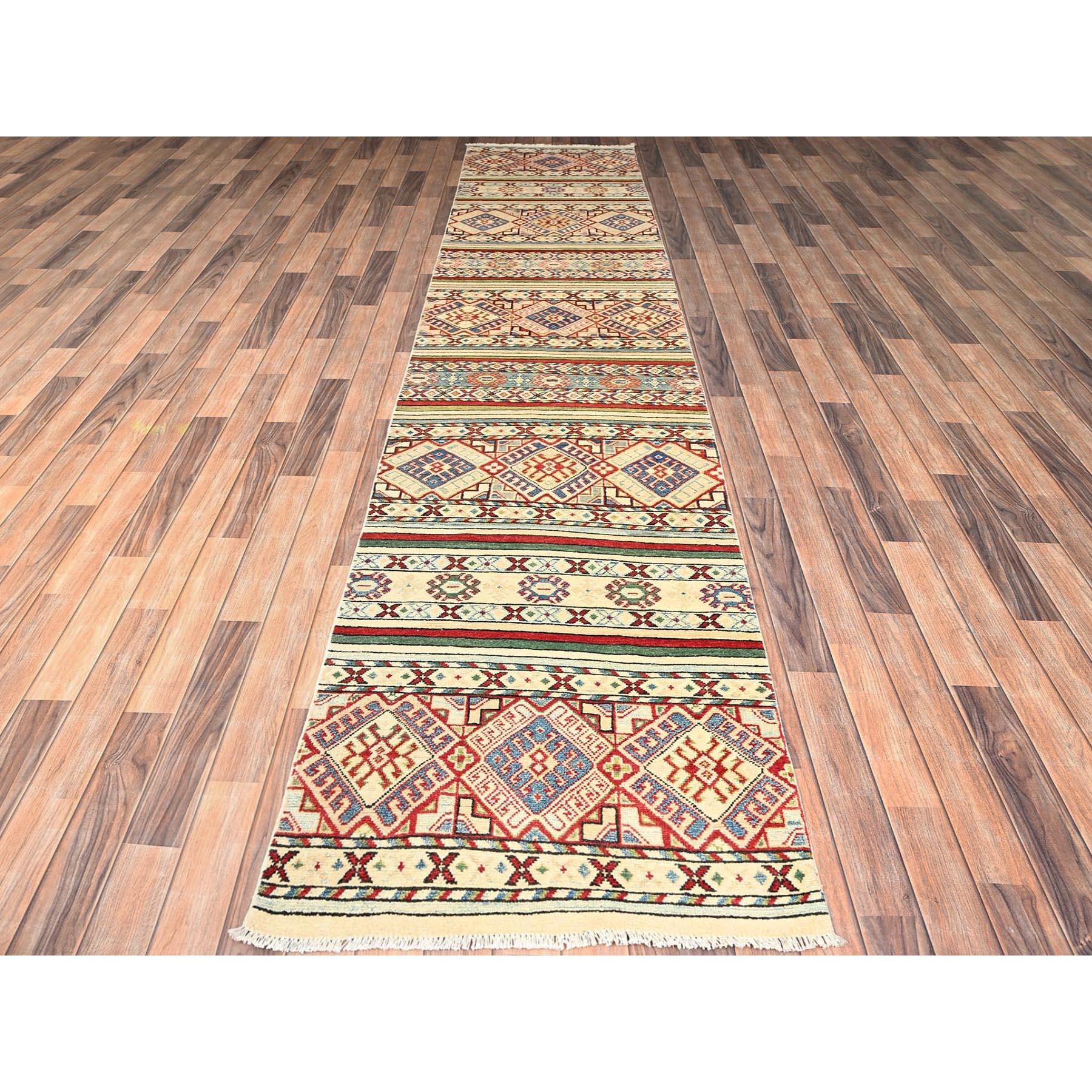 Cream White, Kazak with Khorjin Design, Hand Knotted, Vegetable Dyes, Denser Weave, Pure Wool, Runner, Oriental Rug
Primary materials: Wool
Latex: No Pile 
height: 0.25 Inches
Style: Traditional
Primary color: Ivory
Secondary colors: Red, Blue,