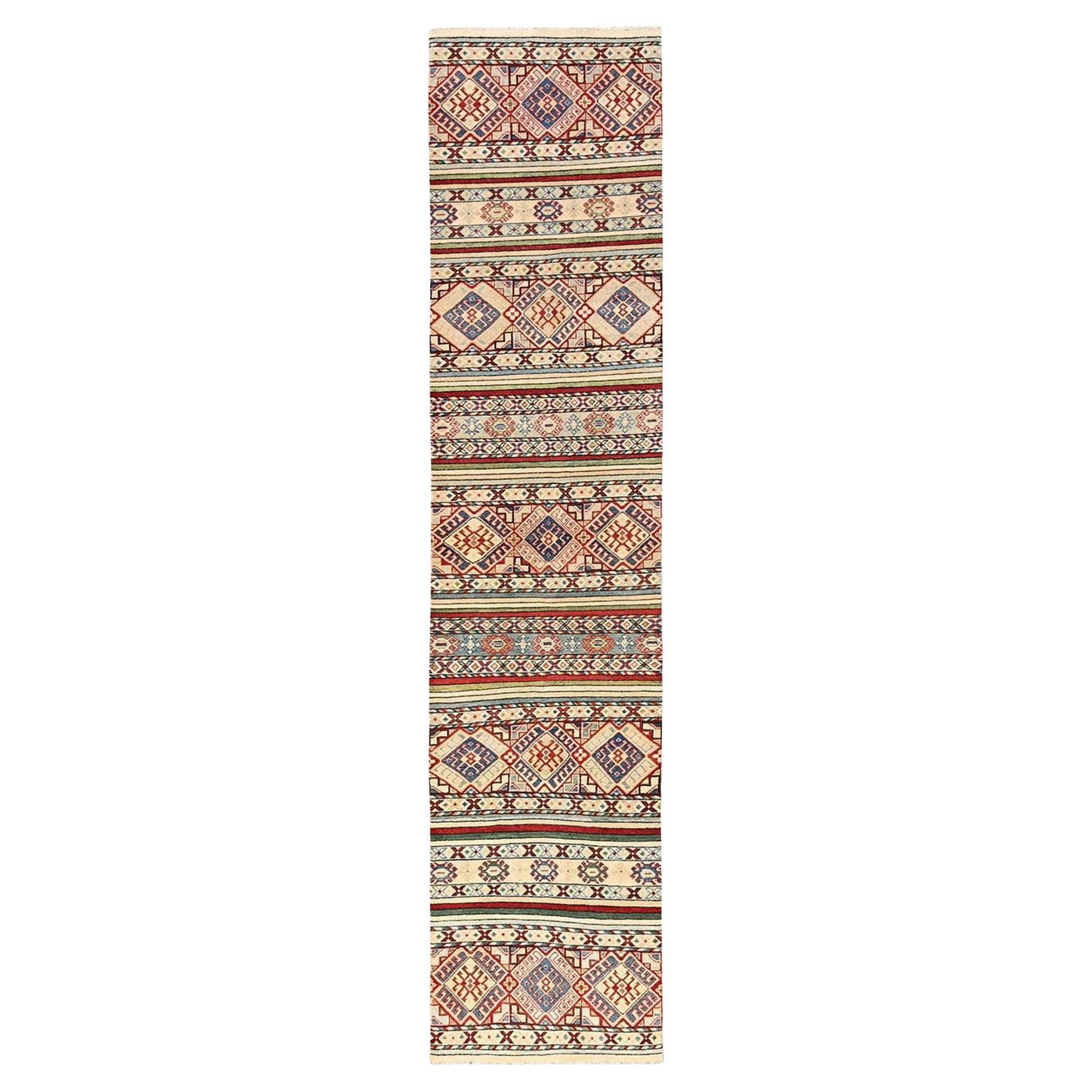 2
10"x13
 Ivory Kazak with Khorjin Design Hand Knotted Pure Wool Runner Rug im Angebot