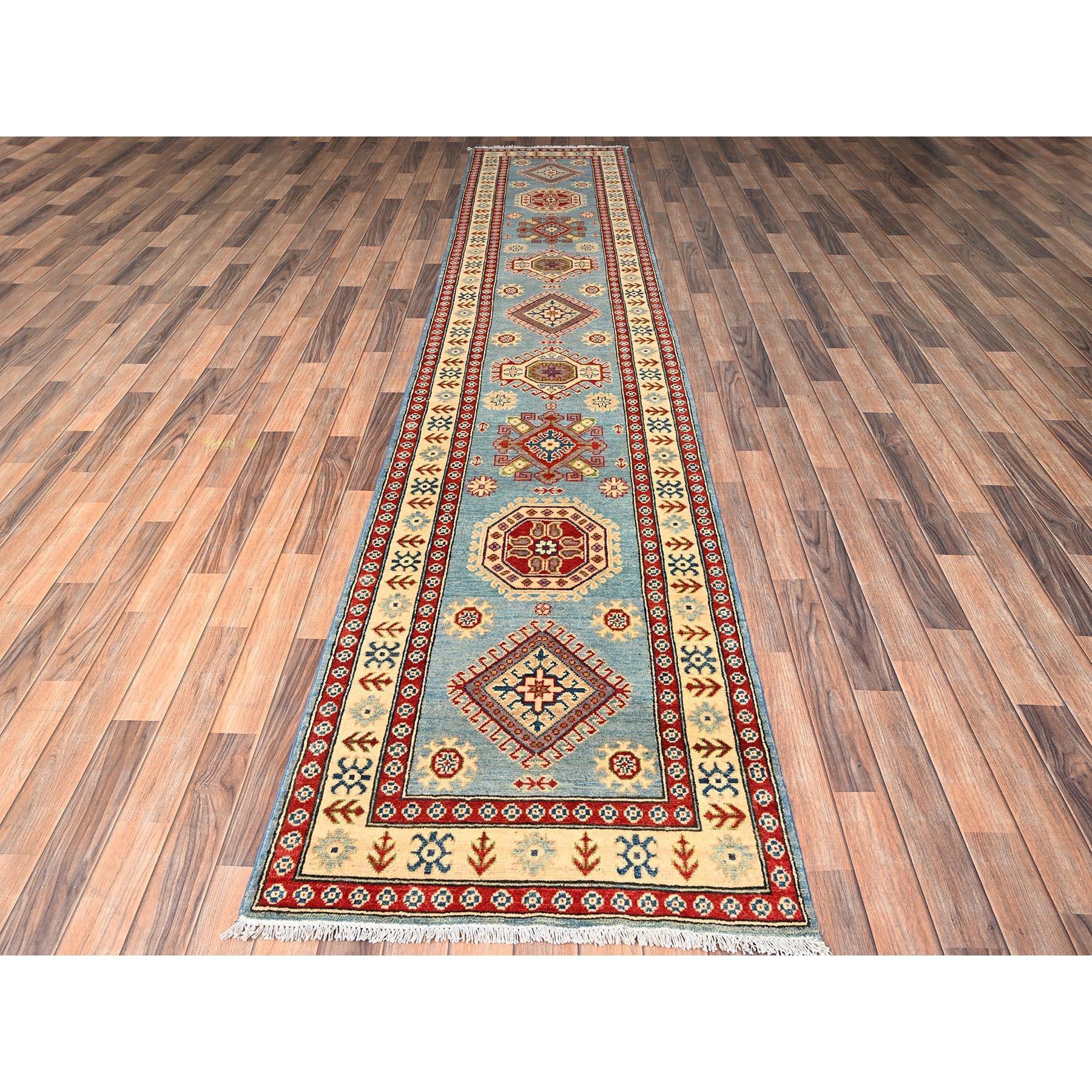 Adriatic Blue, Kazak with Geometric Medallions Design, Hand Knotted, Pure Wool, Vegetable Dyes, Denser Weave, Runner, Oriental Rug
Primary materials: Wool
Latex: No Pile 
height: 0.25 Inches
Style: Traditional
Primary color: Blue
Secondary colors: