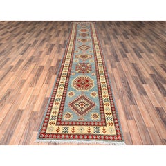 2'10"x13'5" Blue Kazak Geometric Medallions Design Hand Knotted Wool Runner Rug