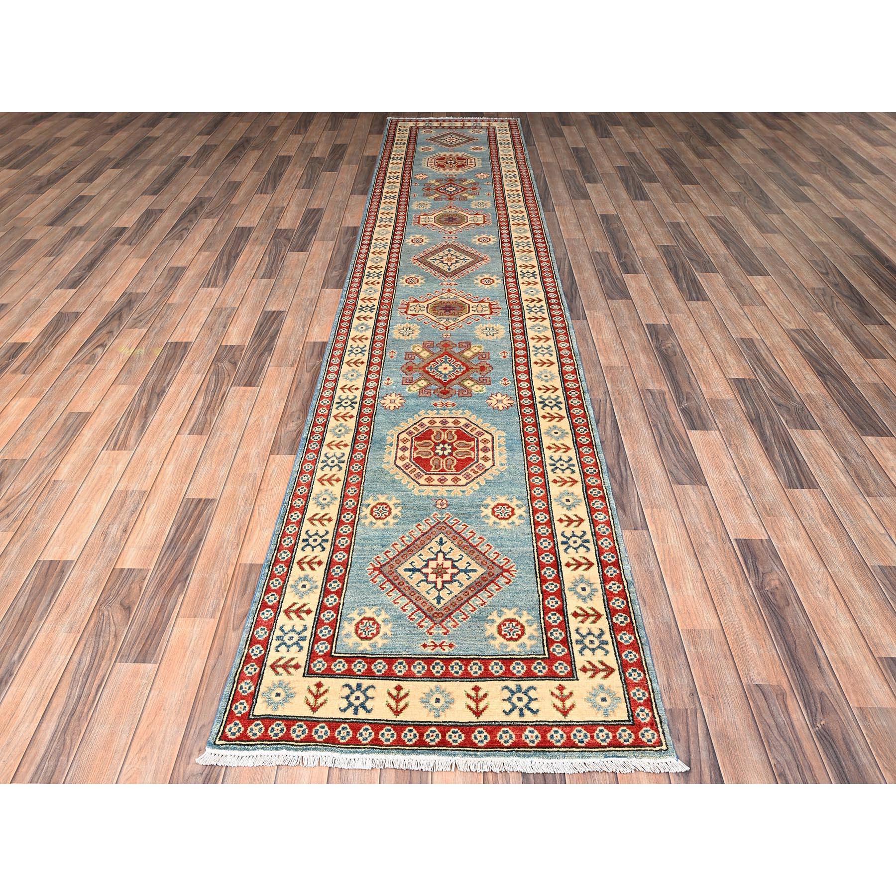 Steel Blue, Hand Knotted, Vegetable Dyes, Kazak with Geometric Medallions Design, Denser Weave, Pure Wool, Runner, Oriental Rug
Primary materials: Wool
Latex: No Pile 
height: 0.25 Inches
Style: Traditional
Primary color: Blue
Secondary colors: Red,