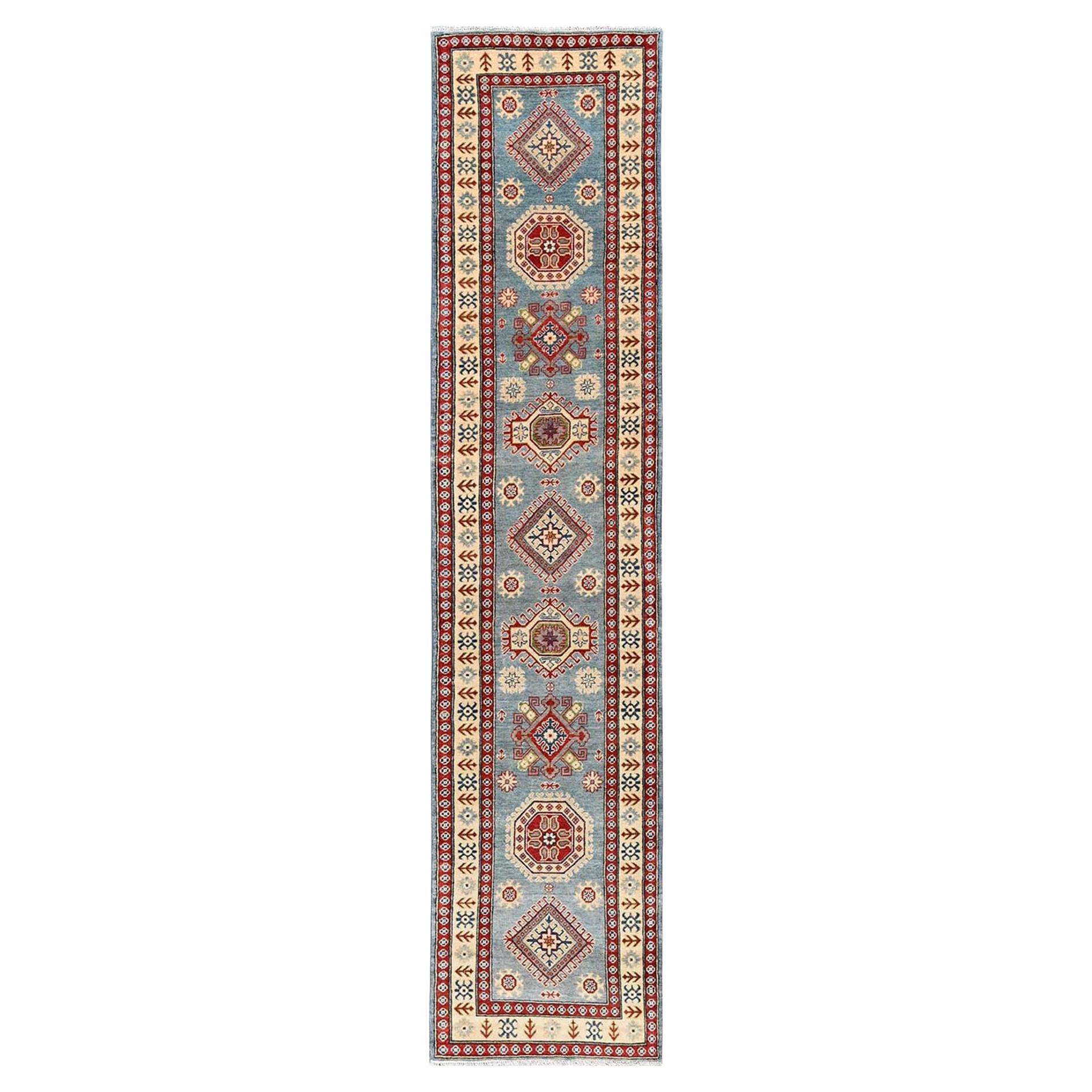 2
10"x13
5" Blue Kazak Geometric Medallions Design Hand Knotted Wool Runner Rug en venta
