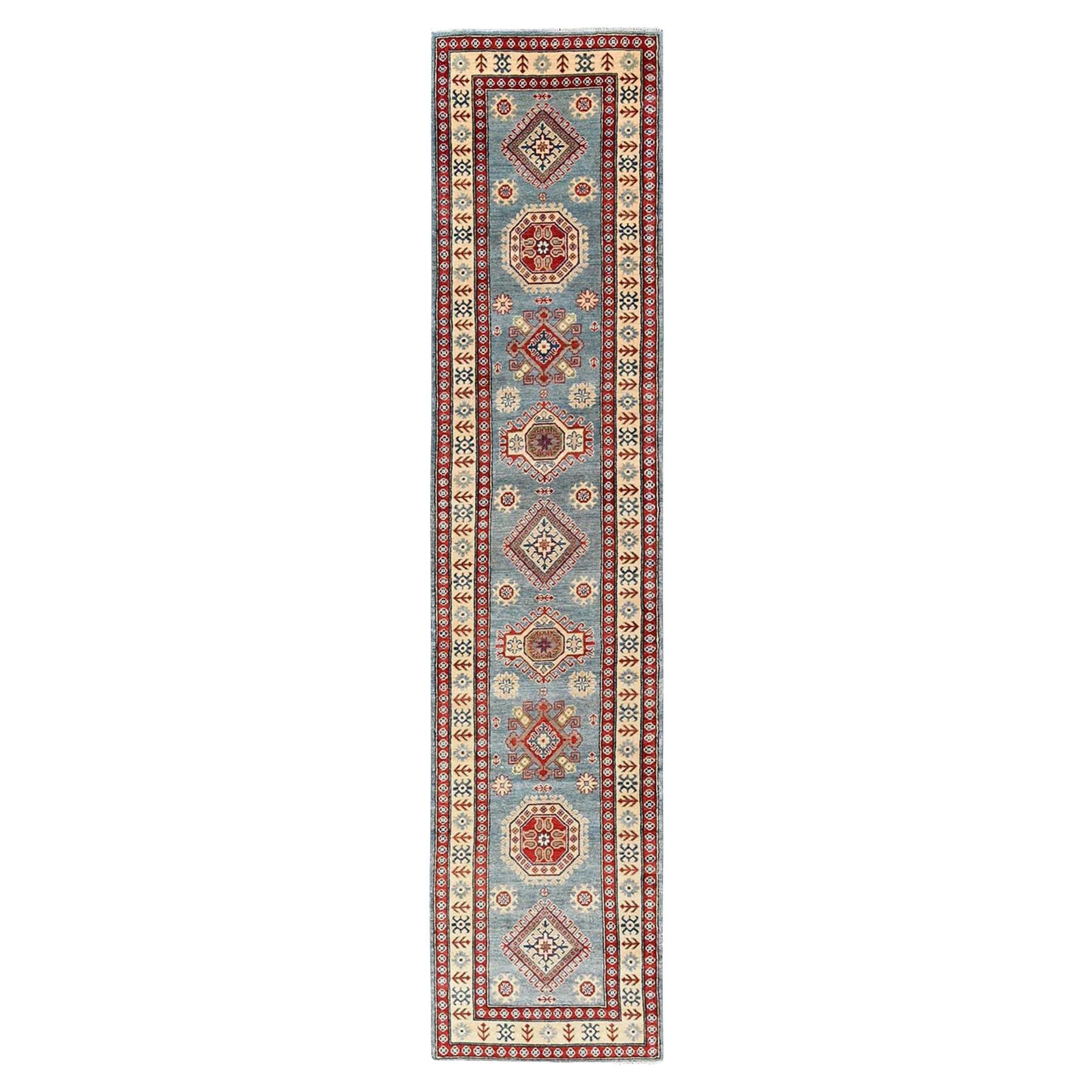 2
10"x13
5" Blue Kazak Geometric Medallions Design Hand Knotted Wool Runner Rug