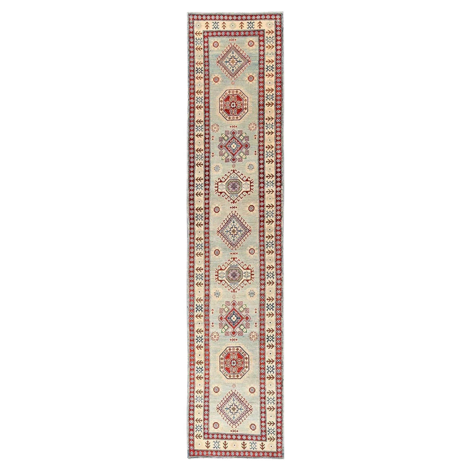 2
10"x13
7" Ivory Pure Wool Hand Knotted Kazak with Geometric Design Runner Rug