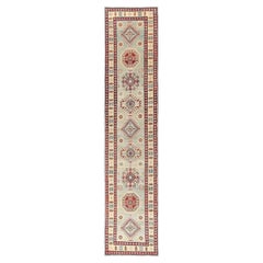 2
10"x13
7" Ivory Pure Wool Hand Knotted Kazak with Geometric Design Runner Rug