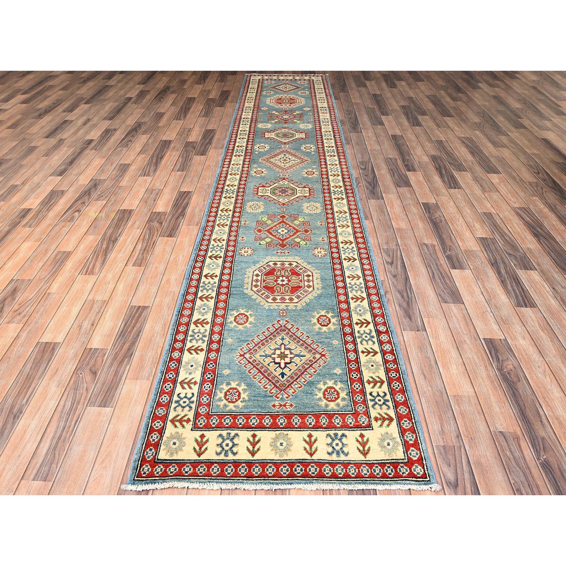 Misty Gray, Kazak with Geometric Medallions Design, Hand Knotted, Vegetable Dyes, Denser Weave, Pure Wool, Runner, Oriental Rug
Primary materials: Wool
Latex: No Pile 
height: 0.25 Inches
Style: Traditional
Primary color: Grey
Secondary colors: