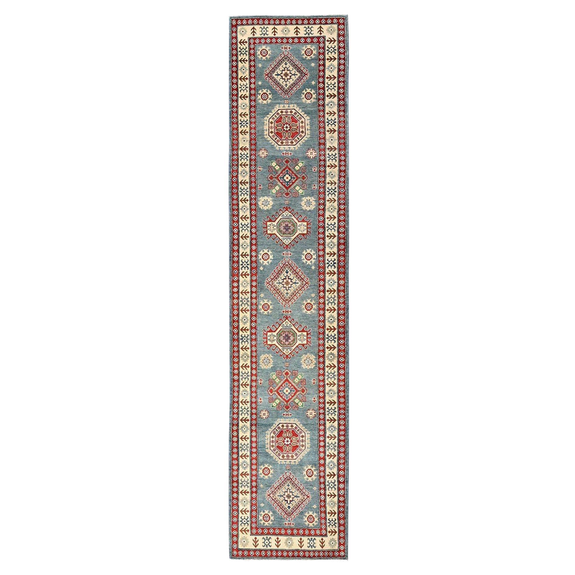 2
10"x13
8" Gray Kazak Geometric Medallions Design Hand Knotted Wool Runner Rug