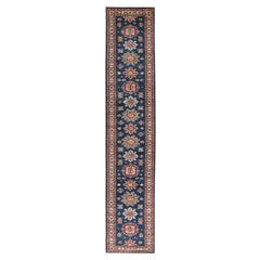 2'10"x13'8" Navy Blue Afghan Super Kazak Densely Woven Hand Knotted Wool Runner
