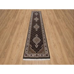 2'10"x14' Black Tabriz Mahi Fish Medallion Design Hand Knotted Wool Runner Rug