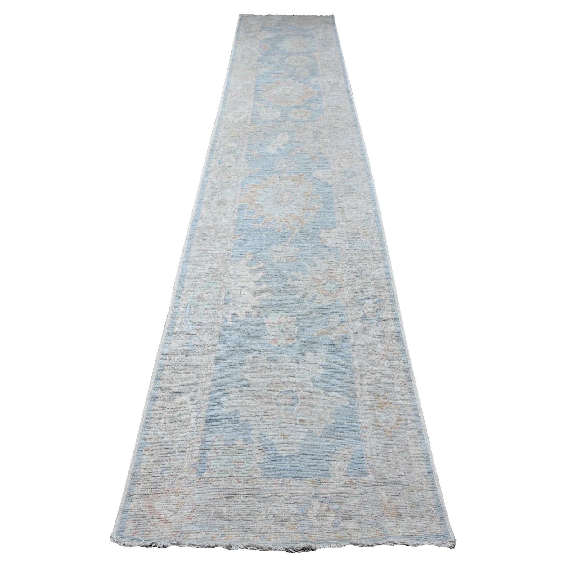 Alfombra Oriental 2'10 "x15'5" Azul Denim Trama de Lana Angora Afgana Oushak Runner