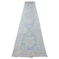 Alfombra Oriental 2'10 "x15'5" Azul Denim Trama de Lana Angora Afgana Oushak Runner