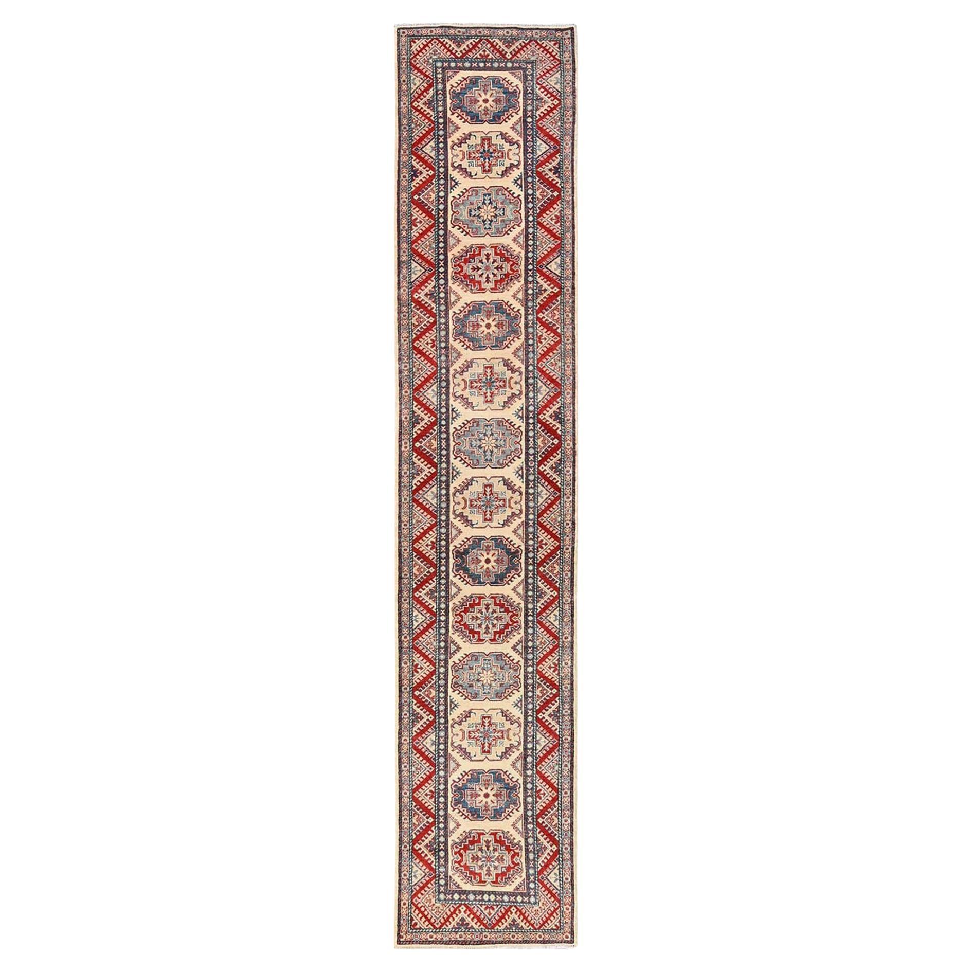2
10"x15
5" Ivory Hand Knotted Pure Wool Kazak with Medallions Design Runner Rug