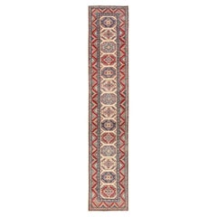 2
10"x15
5" Ivory Hand Knotted Pure Wool Kazak with Medallions Design Runner Rug