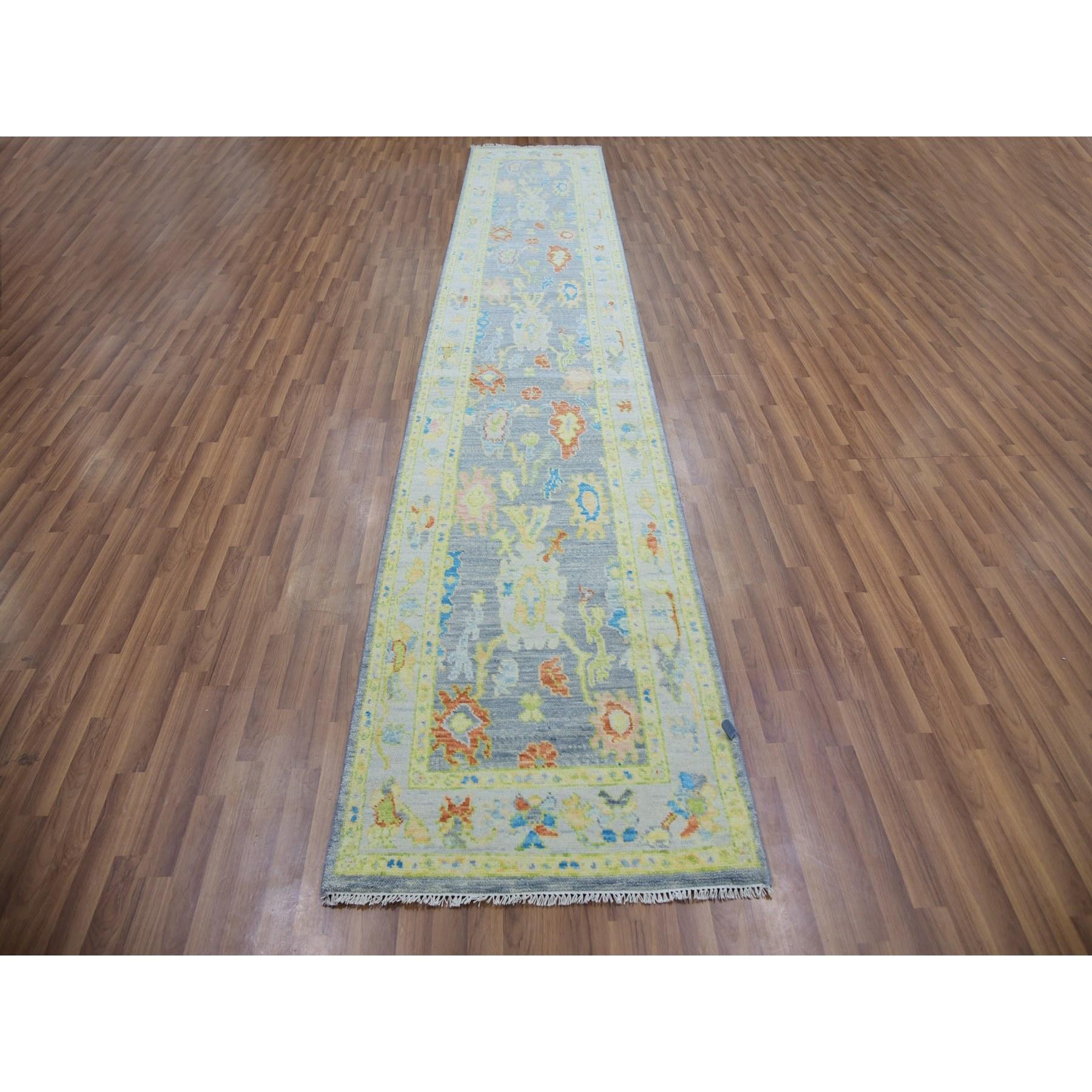 Flint Gray, Oushak Weave and Design with Pastel Colors, Hand Knotted, Pure Wool, Lush Pile, XL Runner, Oriental Rug
Primary materials: Wool 
Latex: No Pile 
height: 0.25 Inches
Style: Transitional
Primary color: Grey
Secondary colors: Rust, Pink,