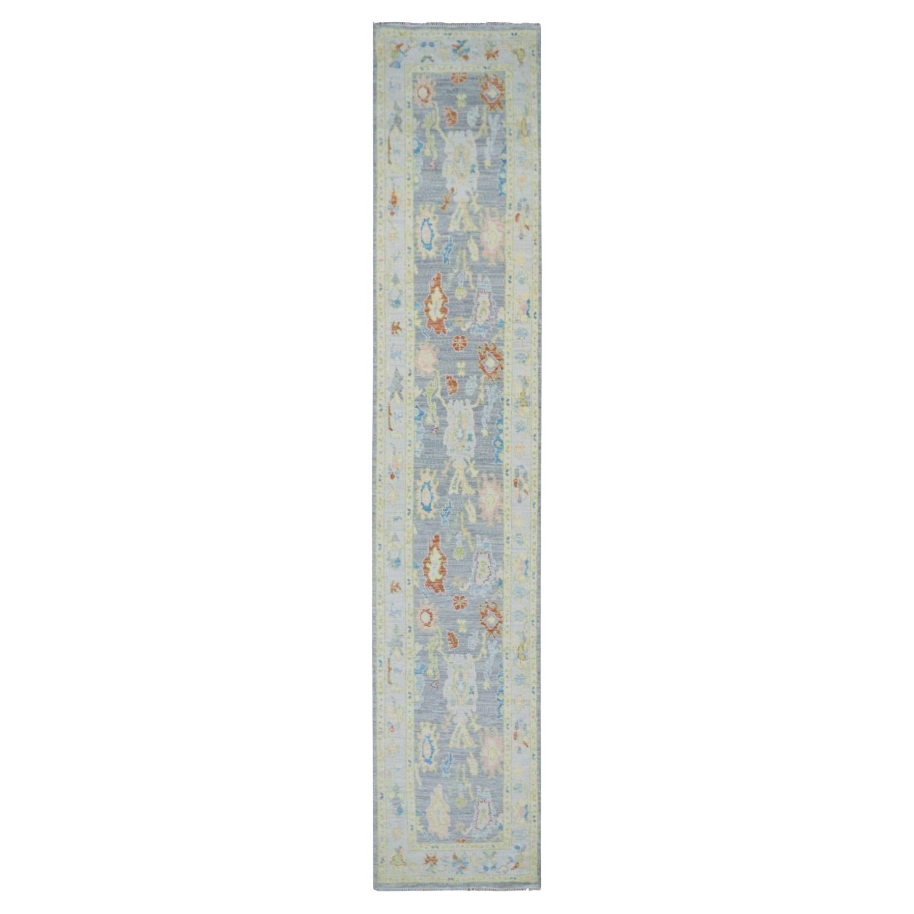 2'10"x15'7" Flint Gray Oushak Weave and Design Hand Knotted Pure Wool Runner Rug For Sale