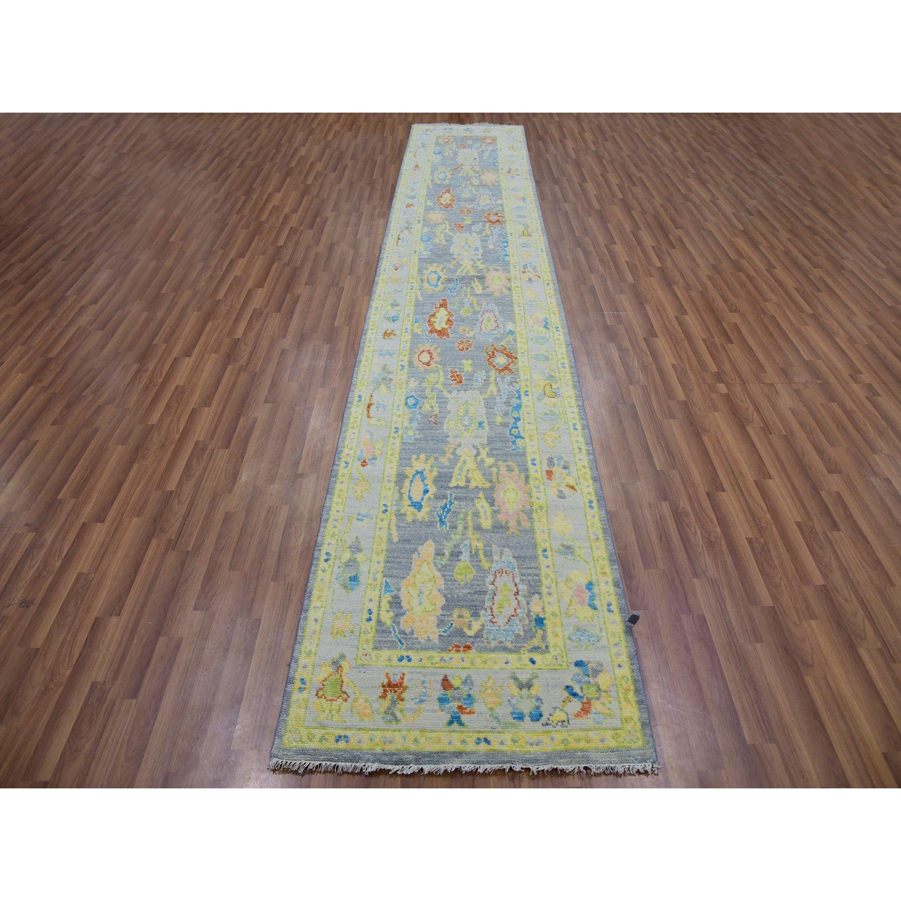 Pewter Gray, Oushak Weave and Design with Colorful Leaf Pattern, 100% Wool, Hand Knotted, Plush and Lush, XL Runner, Oriental Rug
Primary materials: Wool
Latex: No Pile 
height: 0.25 Inches
Style: Transitional
Primary color: Grey
Secondary colors: