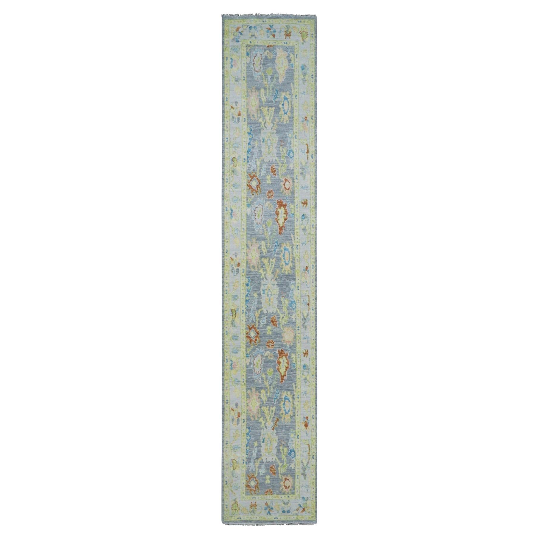 2'10"x15'7" Gray Oushak Weave and Design Leaf Pattern Hand Knotted Wool Runner R For Sale