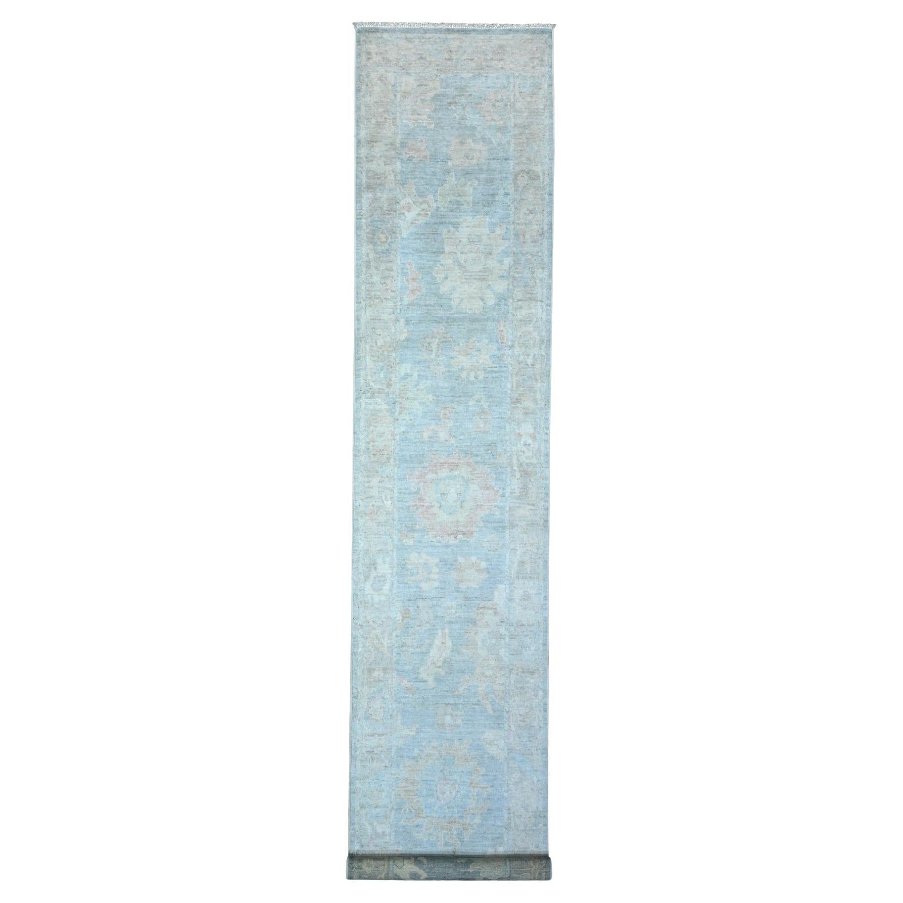 2'10"x16' Ruddy Blue Angora Oushak Hand Knotted XL Runner Oriental Rug For Sale