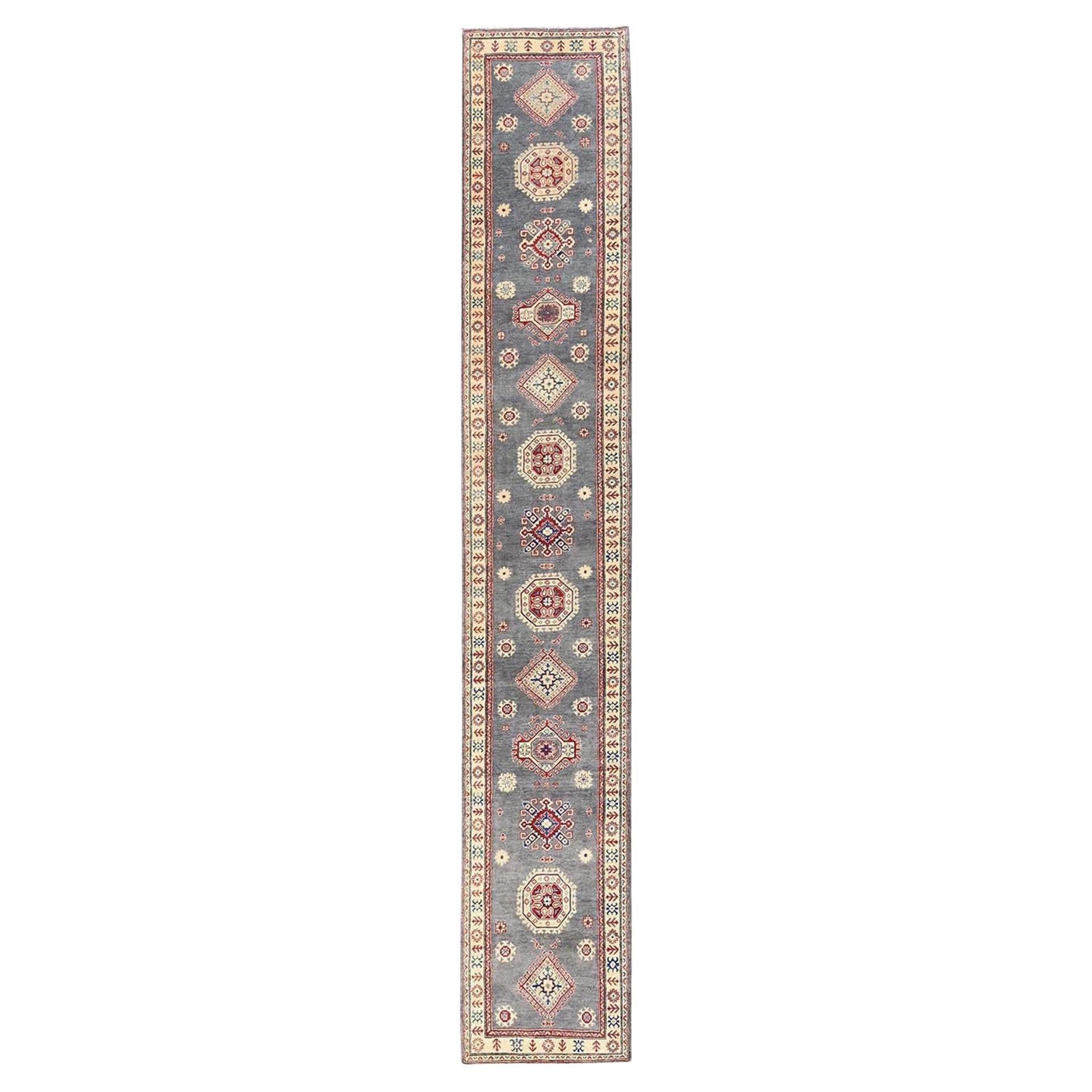 2
10"x18
7" Misty Gray Hand Knotted Pure Wool Kazak Medallions Design Runner Rug
