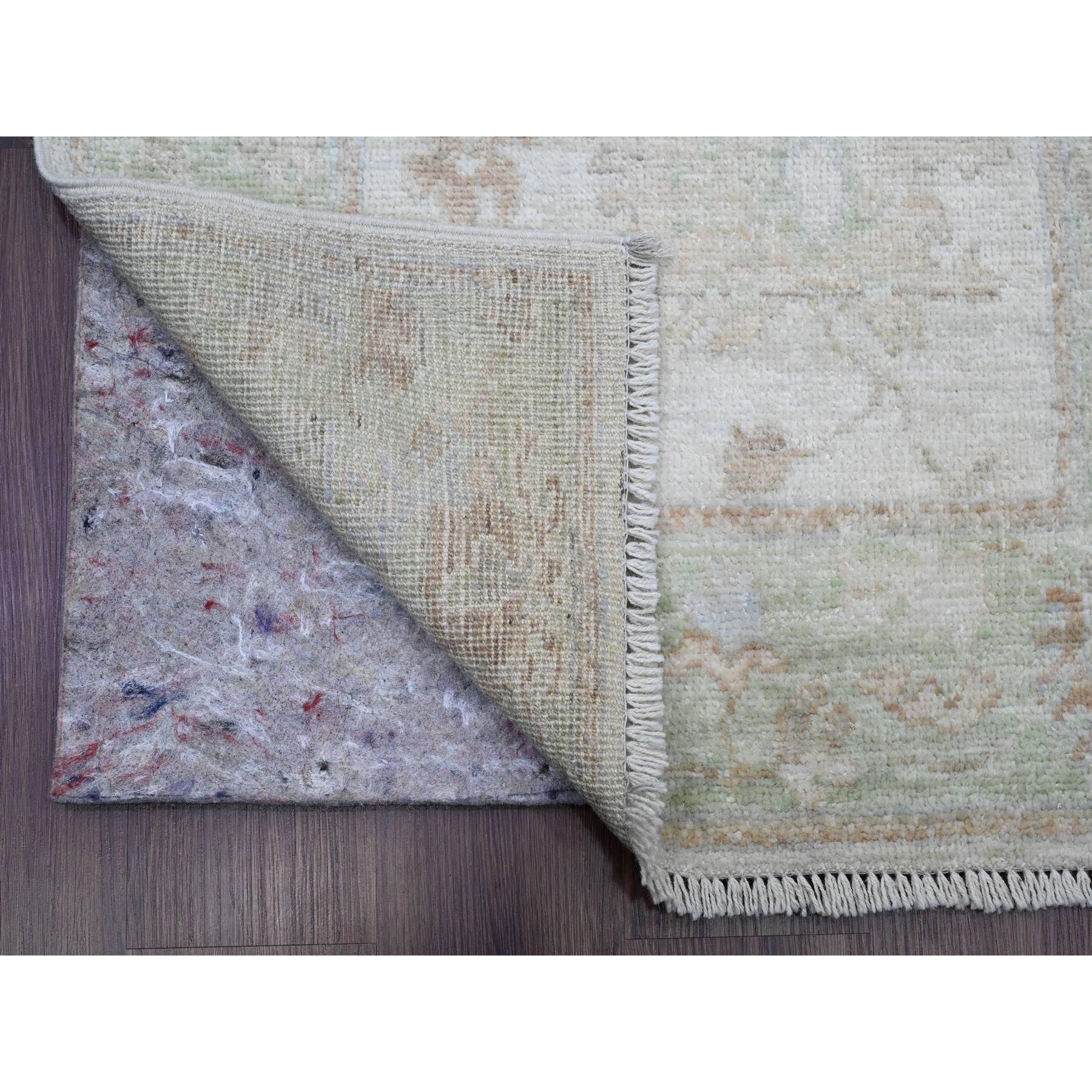 Lace White, Afghan Angora Oushak with Soft Color Leaf Design, Natural Dyes, 100% Wool, Hand Knotted, XL Runner, Oriental Rug
Primary materials: Wool
Latex: No Pile 
height: 0.25 Inches
Style: Transitional
Primary color: Ivory
Secondary colors: Blue,