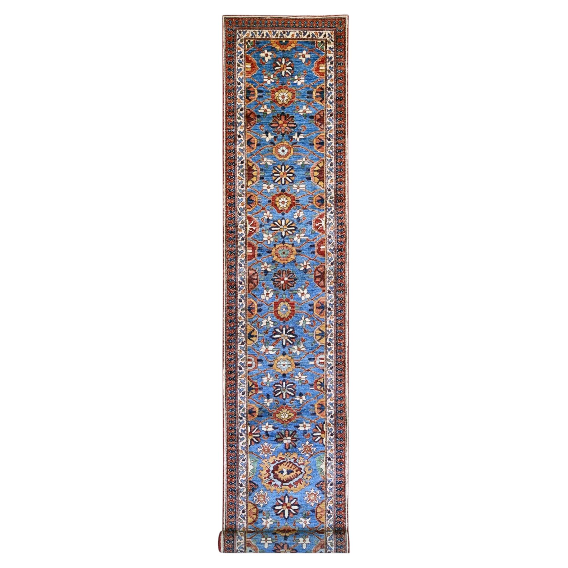 2'10"x19'3" Blue Aryana Grade Mahal All Over Design Hand Knotted Wool Runner Rug For Sale