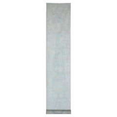 Tappeto Runner in lana annodato a mano 2'10 "x19'6" grigio Afghan Angora Oushak Leaf Design