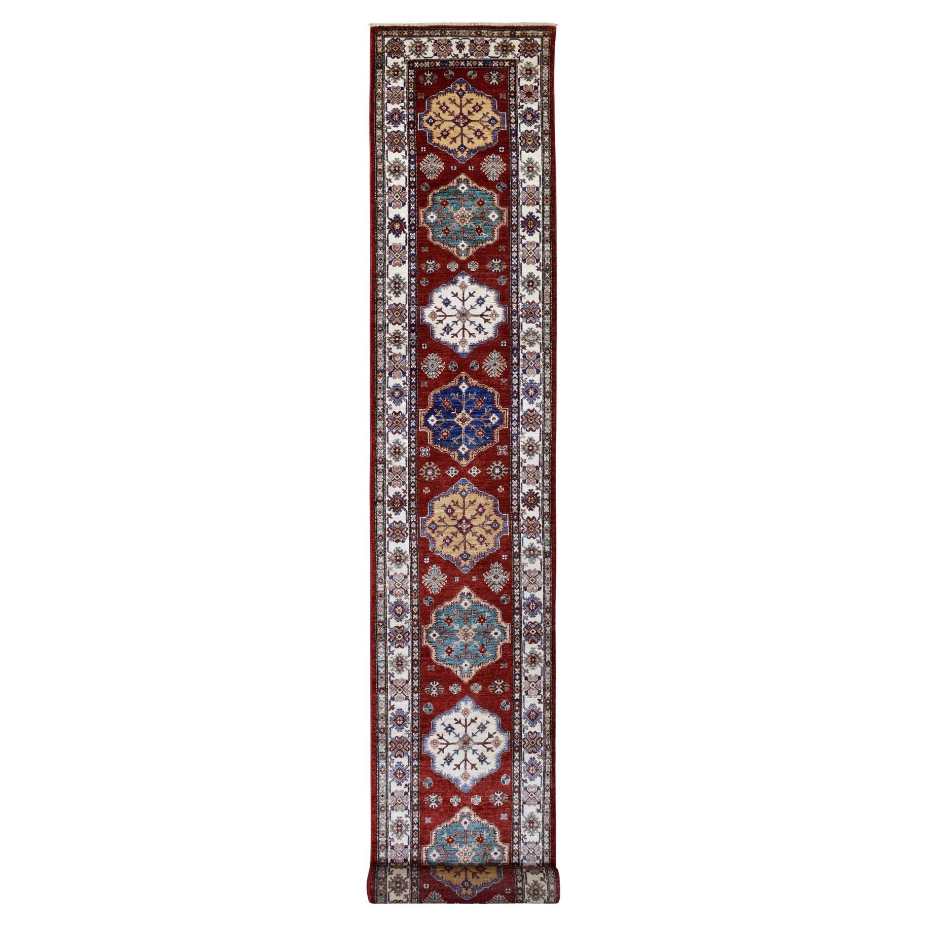 2'10"x23' Deep Red Super Kazak with Tribal Medallions Hand Knotted Wool Rug For Sale
