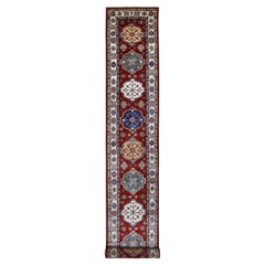 2'10"x23' Deep Red Super Kazak with Tribal Medallions Hand Knotted Wool Rug
