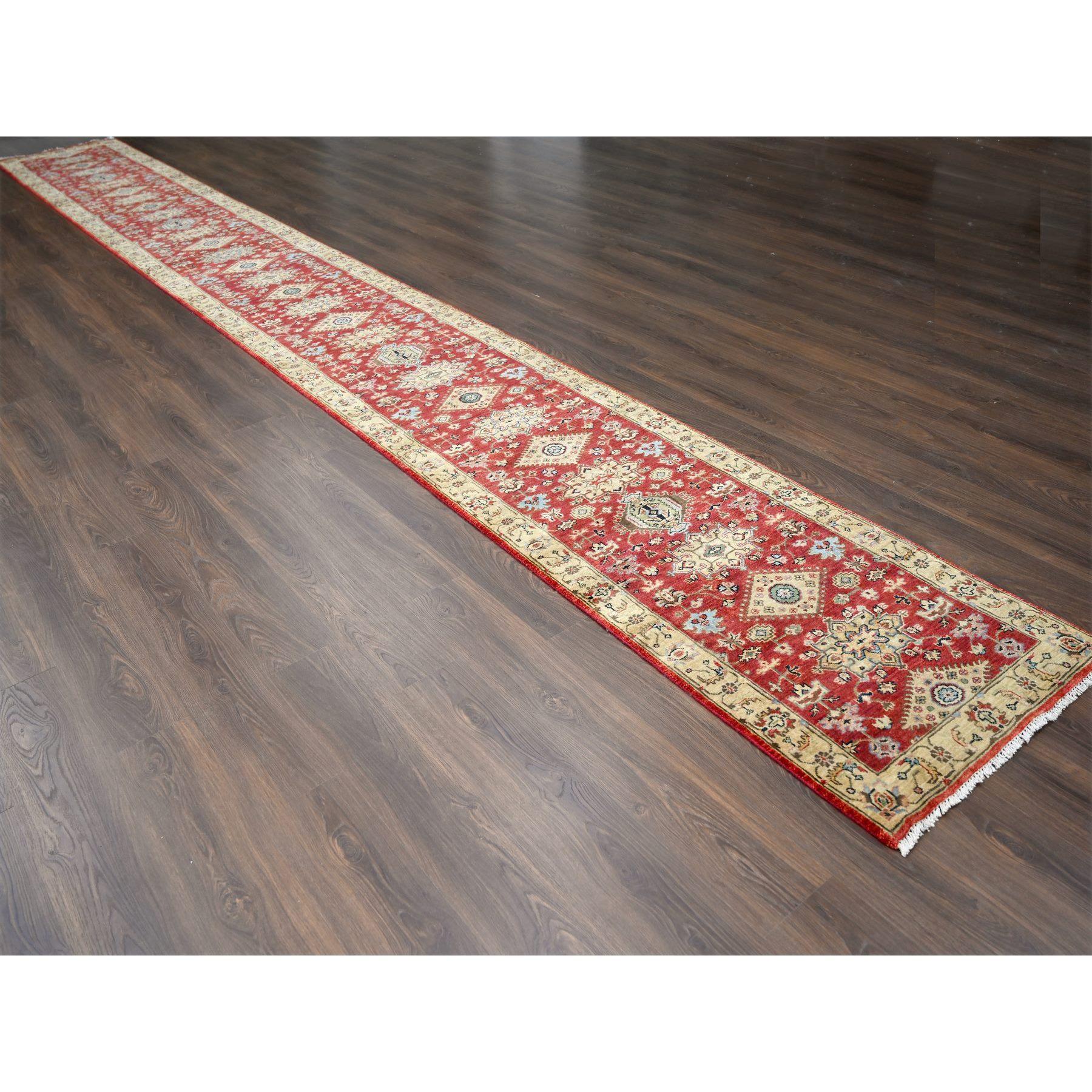Red and Gold, Karajeh Design, with Geometric Medallions, Extra Soft Wool, Hand Knotted, XL Runner Oriental Rug
Primary materials: Wool
Latex: No Pile 
height: 0.25 Inches
Style: Traditional
Primary color: Red
Secondary colors: Light Blue, Chocolate