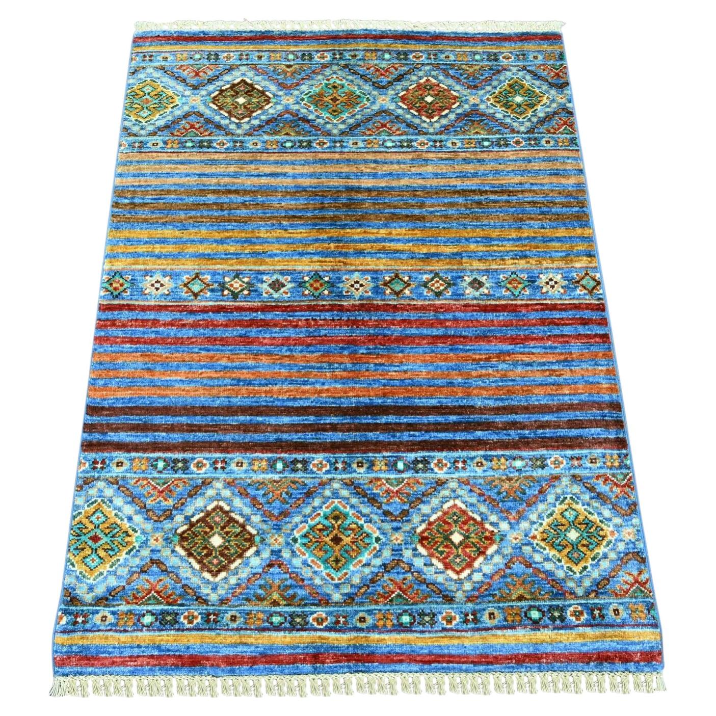 2'10"x3'10" Cerulean Blue Wool Hand Knotted Afghan Super Kazak Sample Mat Rug