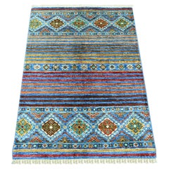 2'10"x3'10" Cerulean Blue Wool Hand Knotted Afghan Super Kazak Sample Mat Rug