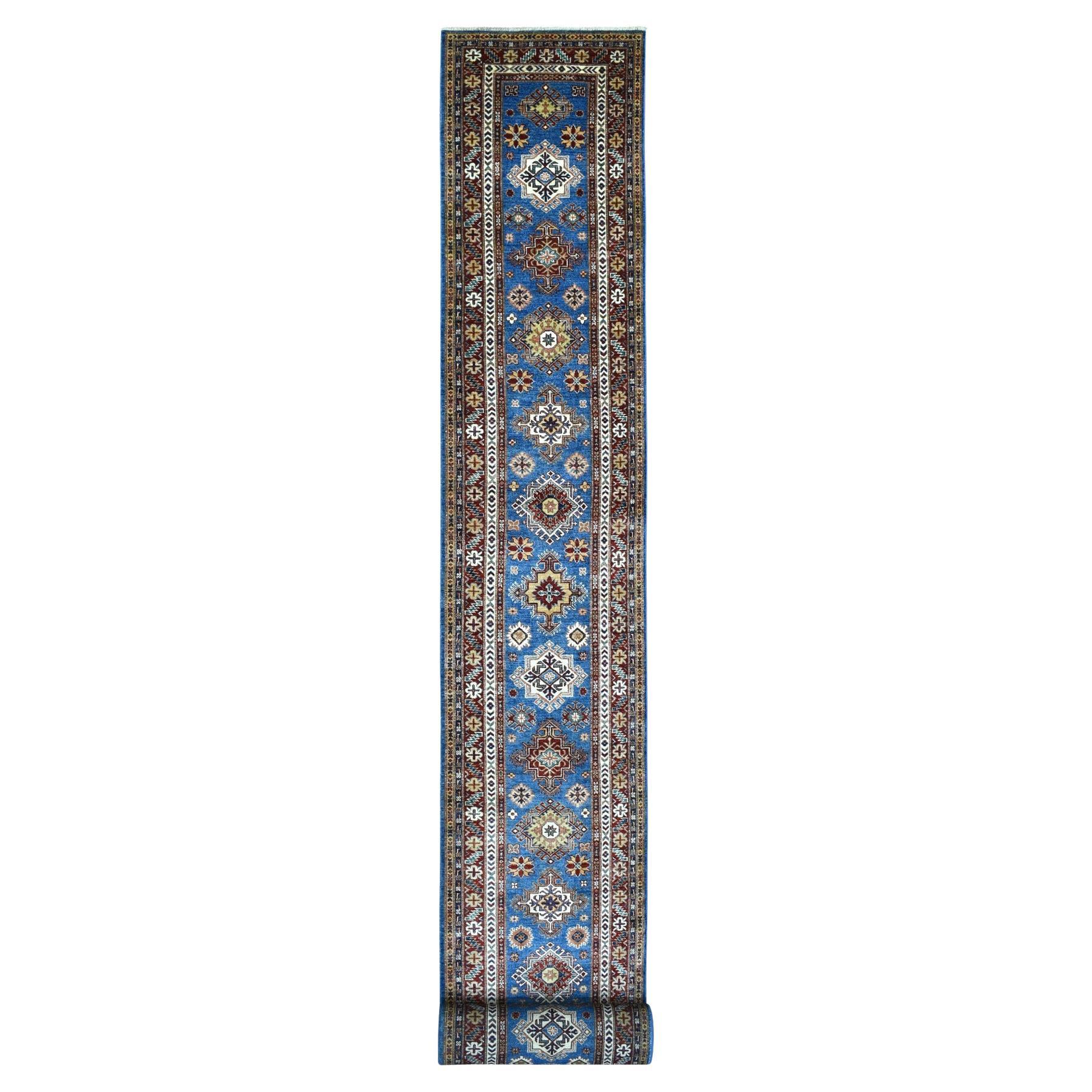 2'10"x37'2" Faded Blue Super Kazak Hand Knotted Soft Wool Runner Oriental Rug