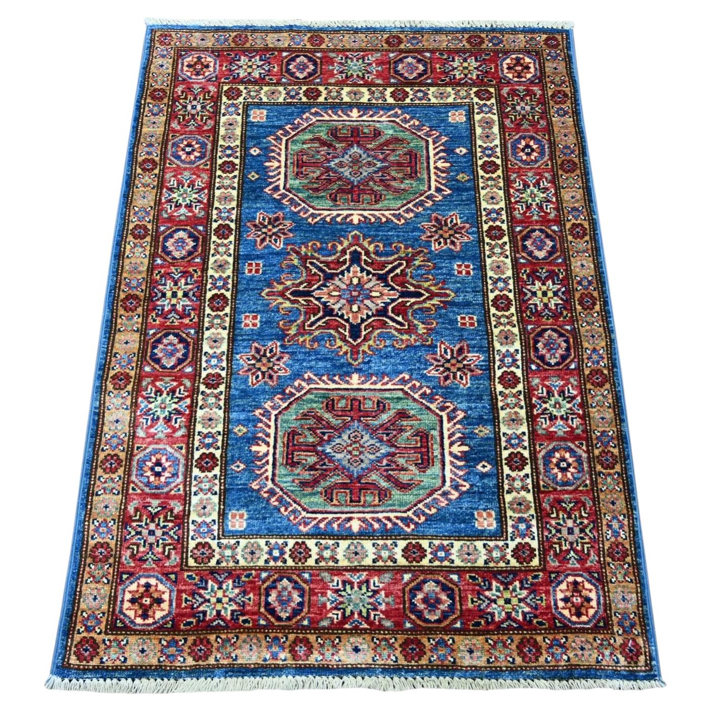 2'10 "x4' Cerulean Blue Afghan Super Kazak Geometrische Medaillons Design Wollteppich
