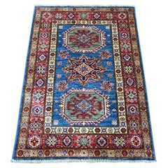 2'10"x4' Cerulean Blue Afghan Super Kazak Geometric Medallions Design Wool Rug