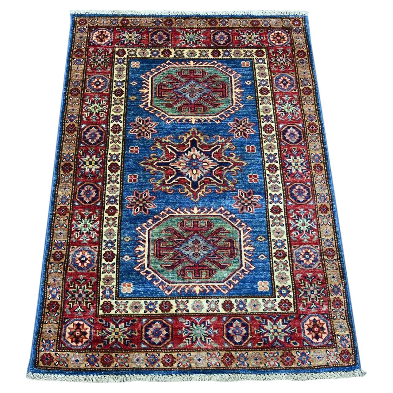 2'10"x4' Cerulean Blue Afghan Super Kazak Hand Knotted Wool Sample Mat Rug