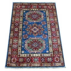 2'10"x4' Cerulean Blue Afghan Super Kazak Hand Knotted Wool Sample Mat Rug